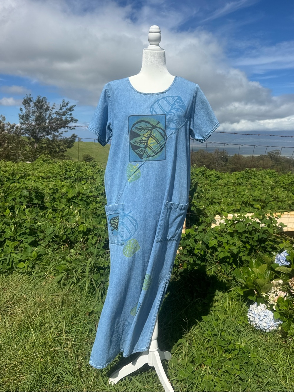 Y2K 90s Pencil Denim Hand Painted Tropical Maxi Dress Medium